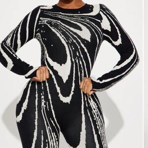 Fashion Nova Black & White Swirl Knit Jumpsuit